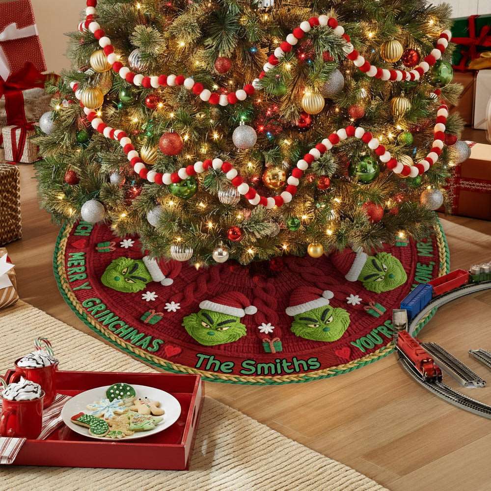 Personalized Grinch Tree Skirt Unique Holiday Decor Gift Shaped Tree Skirt GradoCreations