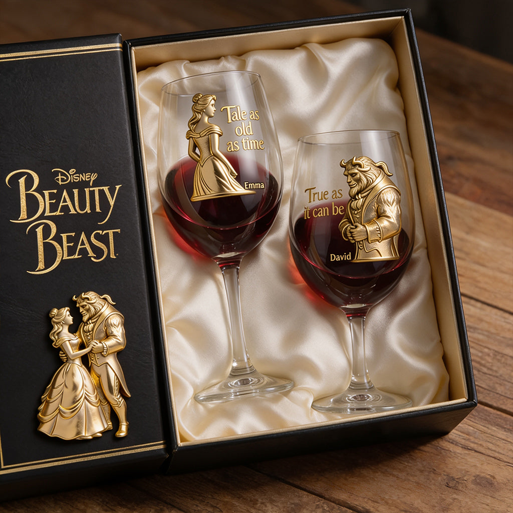 Personalized Beauty and the Beast Wine Glasses Set Gift for Couples Wine Glasses Set With Wooden Box GradoCreations