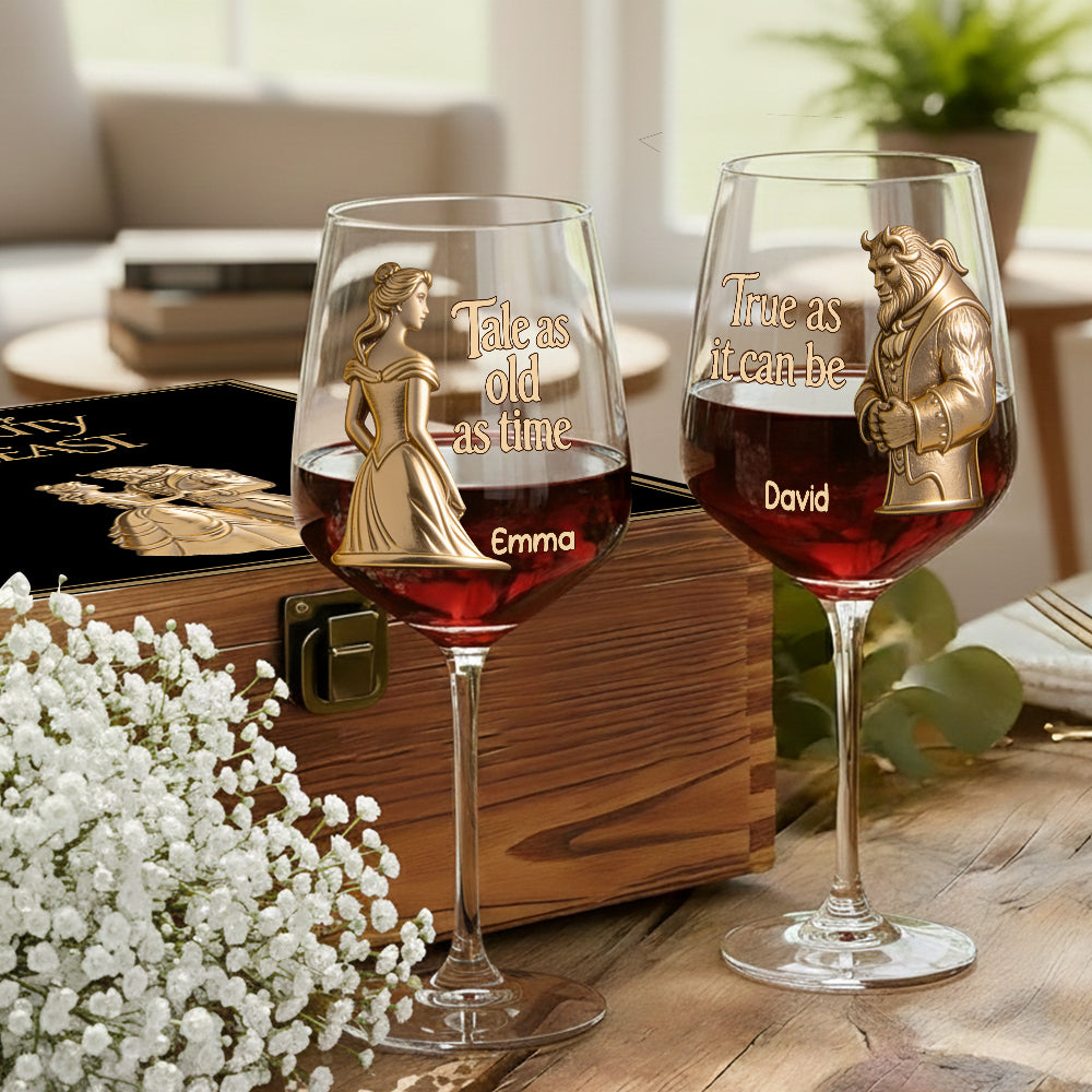 Personalized Beauty and the Beast Wine Glasses Set Gift for Couples Wine Glasses Set With Wooden Box GradoCreations