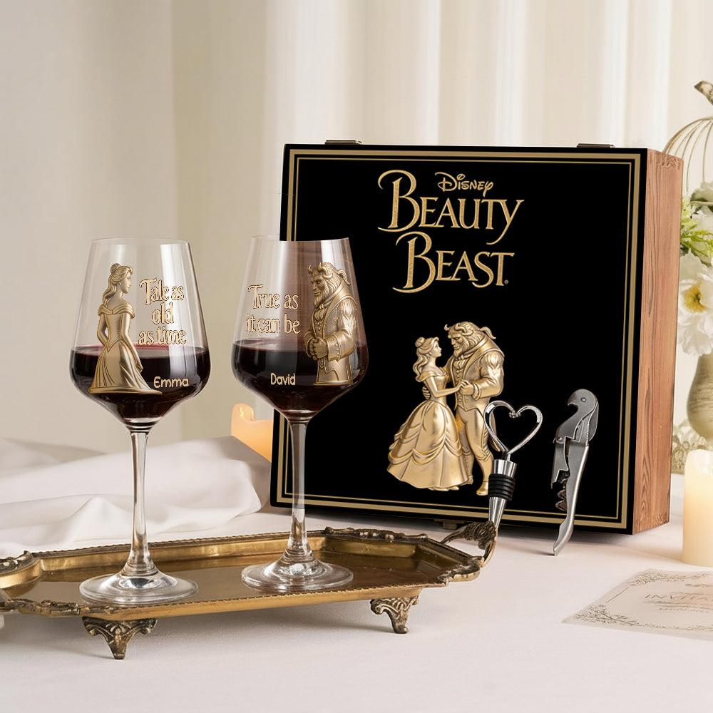 Personalized Beauty and the Beast Wine Glasses Set Gift for Couples Wine Glasses Set With Wooden Box GradoCreations