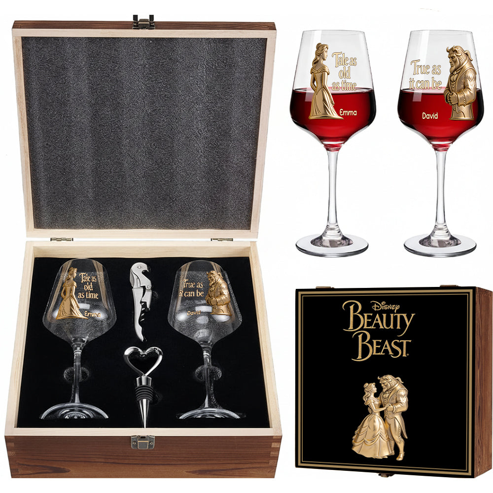 Personalized Beauty and the Beast Wine Glasses Set Gift for Couples Wine Glasses Set With Wooden Box GradoCreations