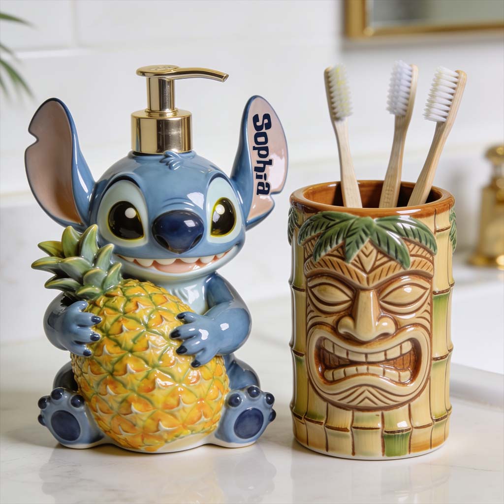 Personalized Cute Blue Alien Soap Dispenser & Toothbrush Holder for Kids Bathroom Acrylic Pot & Pump Dispenser GradoCreations