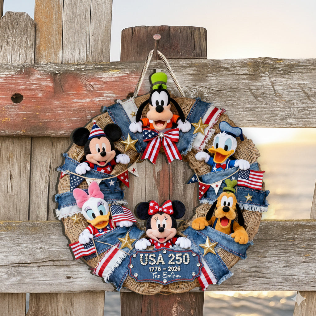 Personalized Mouse-Shaped Wood Sign Custom Family Name USA 250th Anniversary Gift Wood Sign GradoCreations