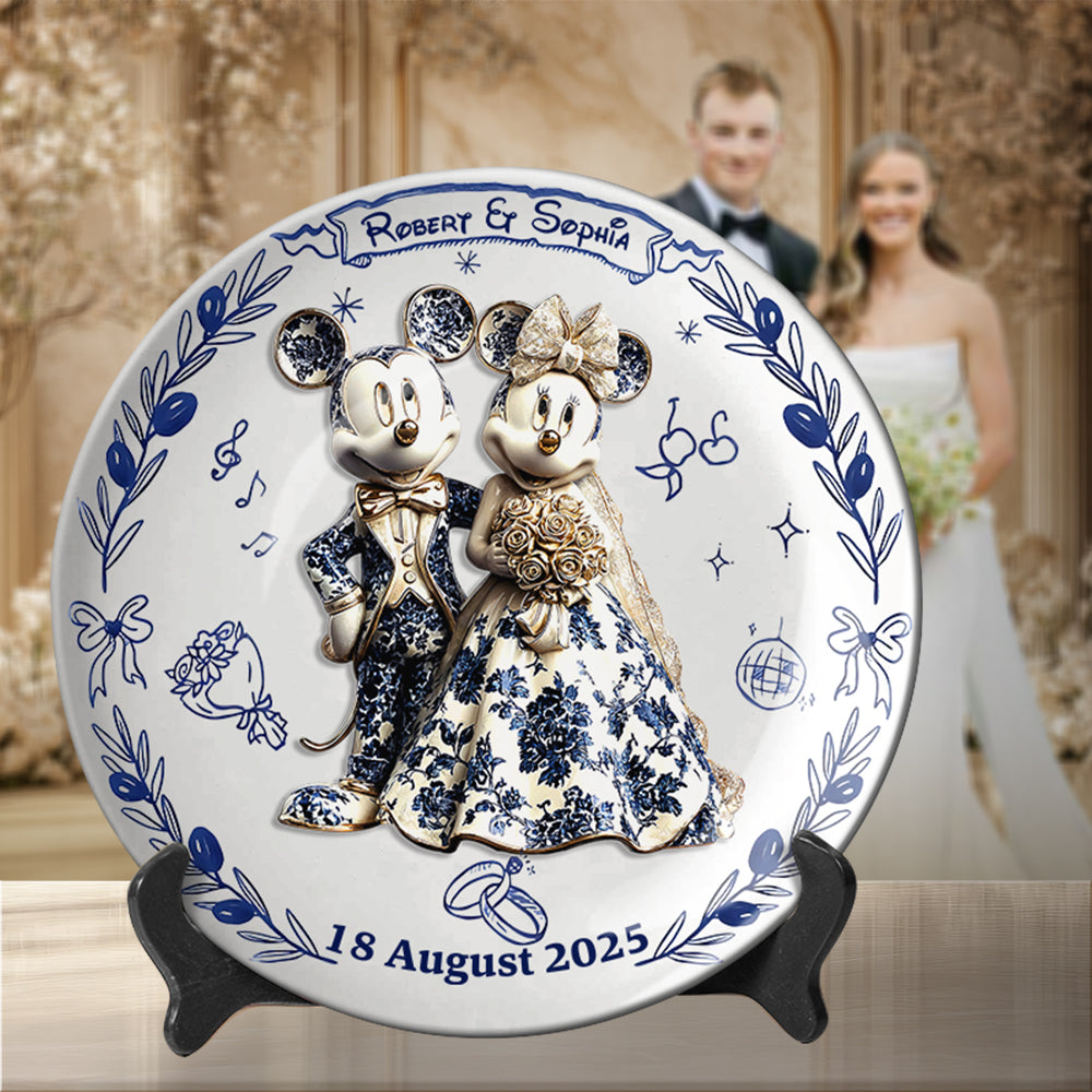 Personalized Ceramic Round Plate Newlywed Gift Mickey & Minnie Ceramic Round Plate GradoCreations