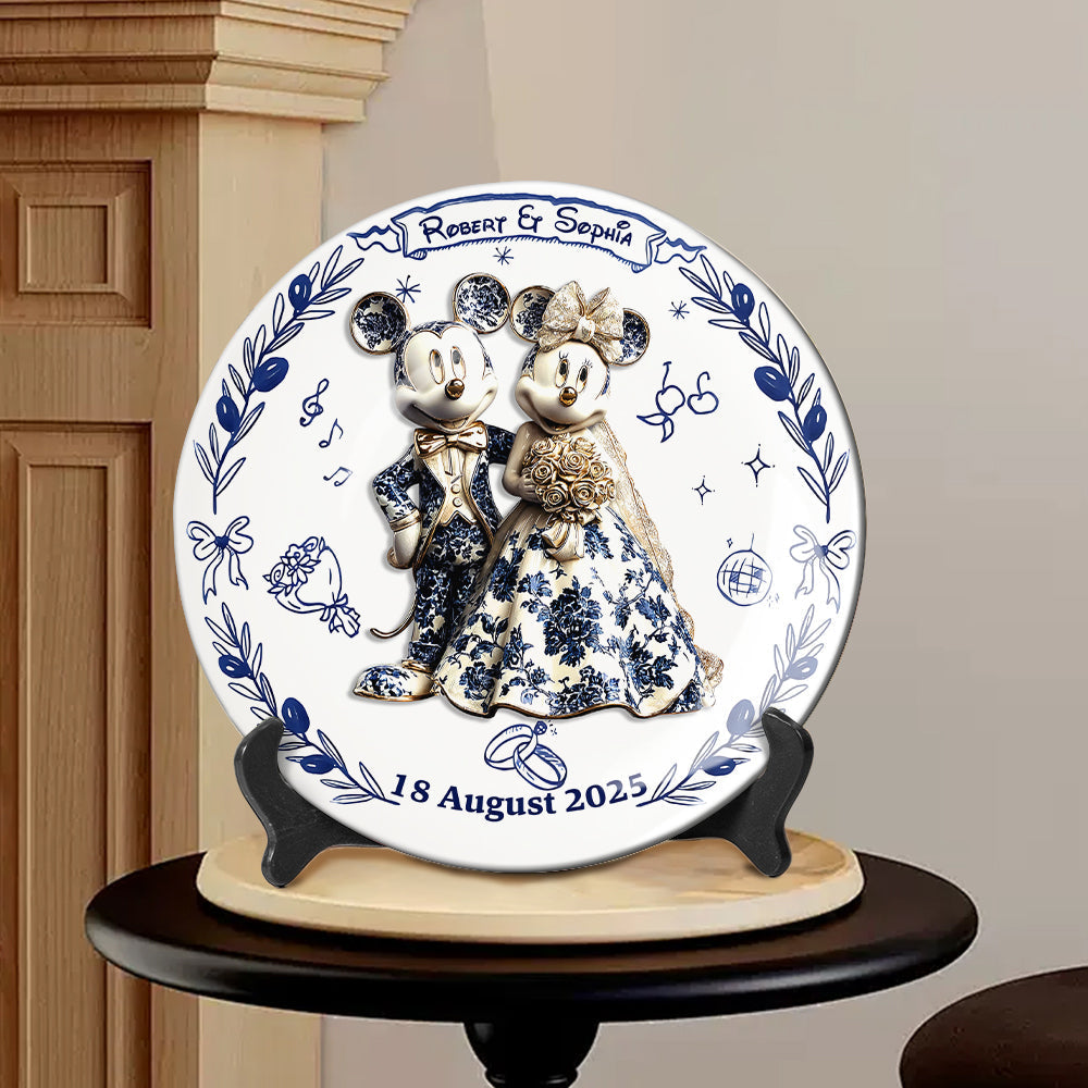 Personalized Ceramic Round Plate Newlywed Gift Mickey & Minnie Ceramic Round Plate GradoCreations