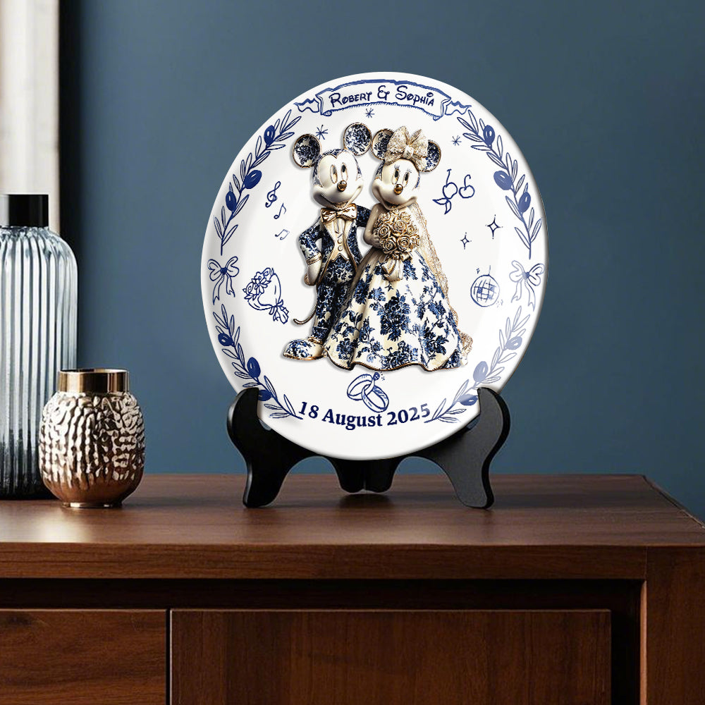 Personalized Ceramic Round Plate Newlywed Gift Mickey & Minnie Ceramic Round Plate GradoCreations