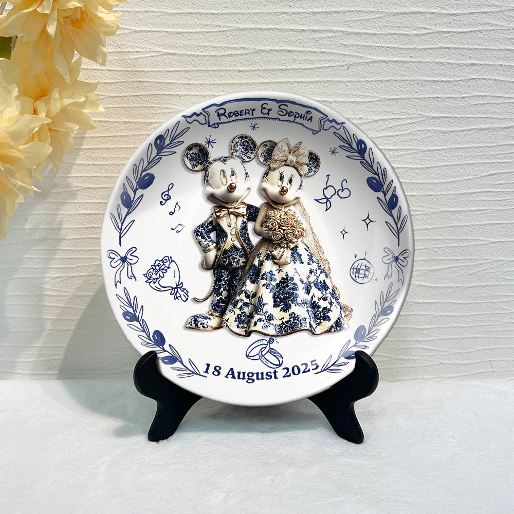 Personalized Ceramic Round Plate Newlywed Gift Mickey & Minnie Ceramic Round Plate GradoCreations