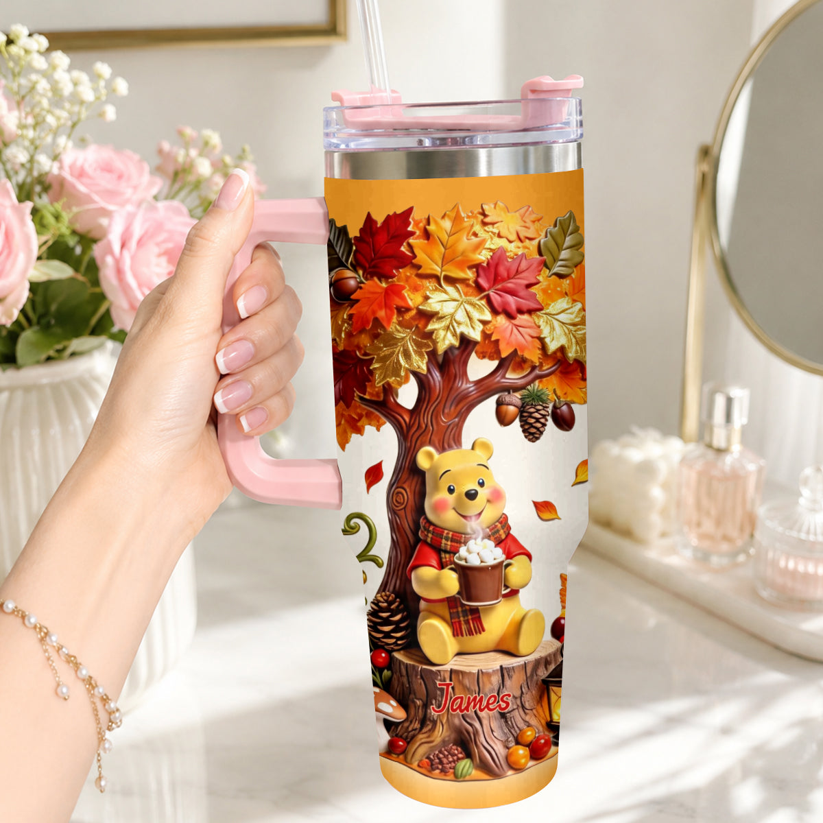 Personalized Yellow Bear Tumbler with Plush Charm Gift for Mom Tumbler With Plush Charm GradoCreations