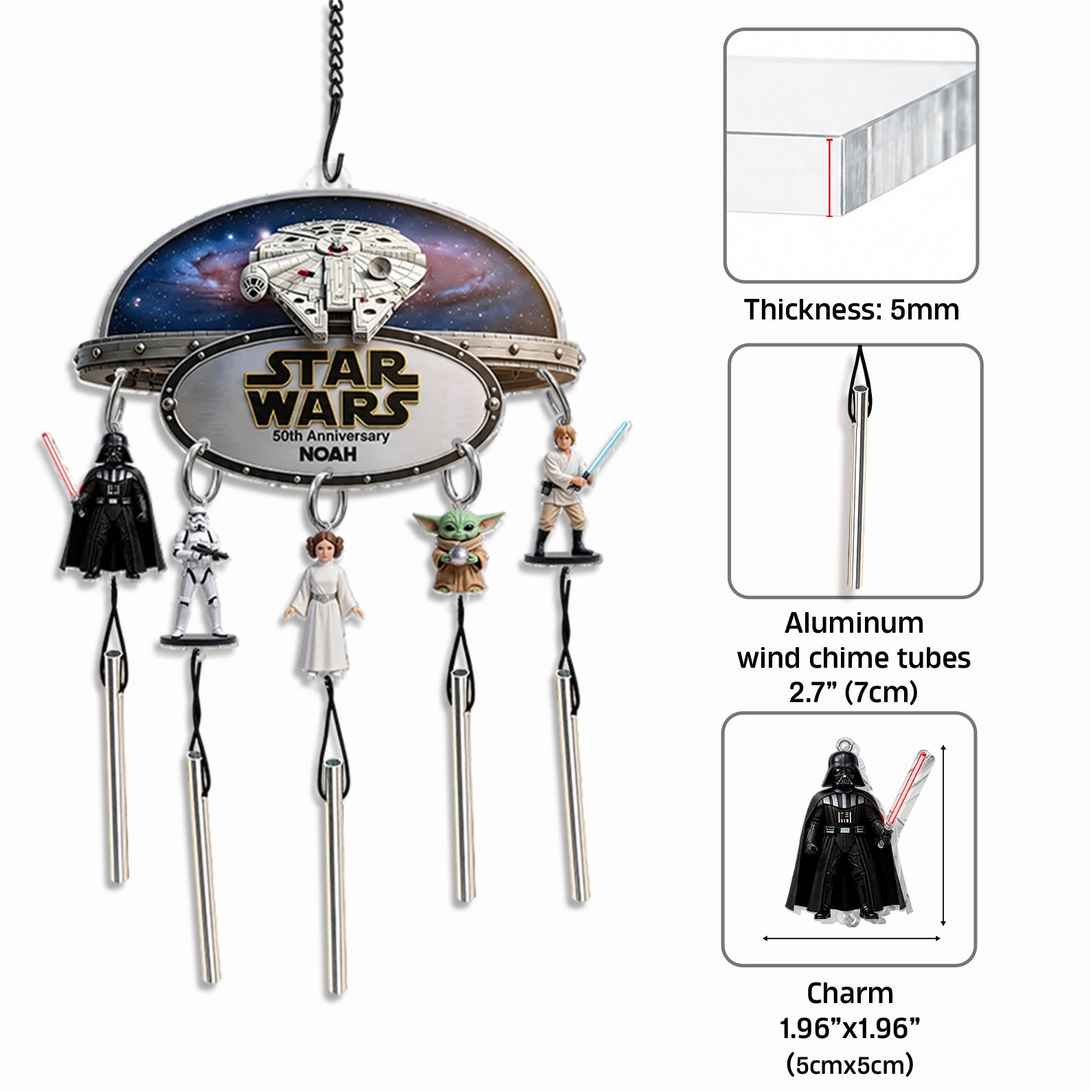 Personalized 50th Anniversary Star Wars Wind Chime with Charm Wind Chime With Charm GradoCreations