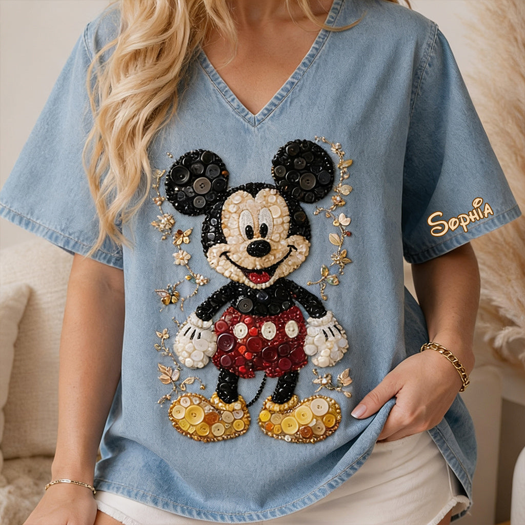 Personalized 3D Button Mouse Art V-Neck T-Shirt for Women Fully Printed V-Neck T-Shirt GradoCreations