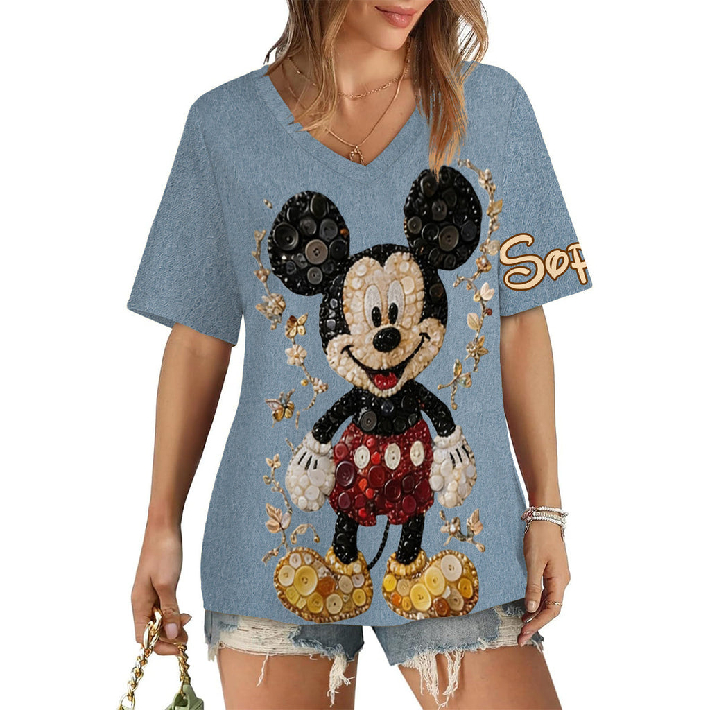 Personalized 3D Button Mouse Art V-Neck T-Shirt for Women Fully Printed V-Neck T-Shirt GradoCreations