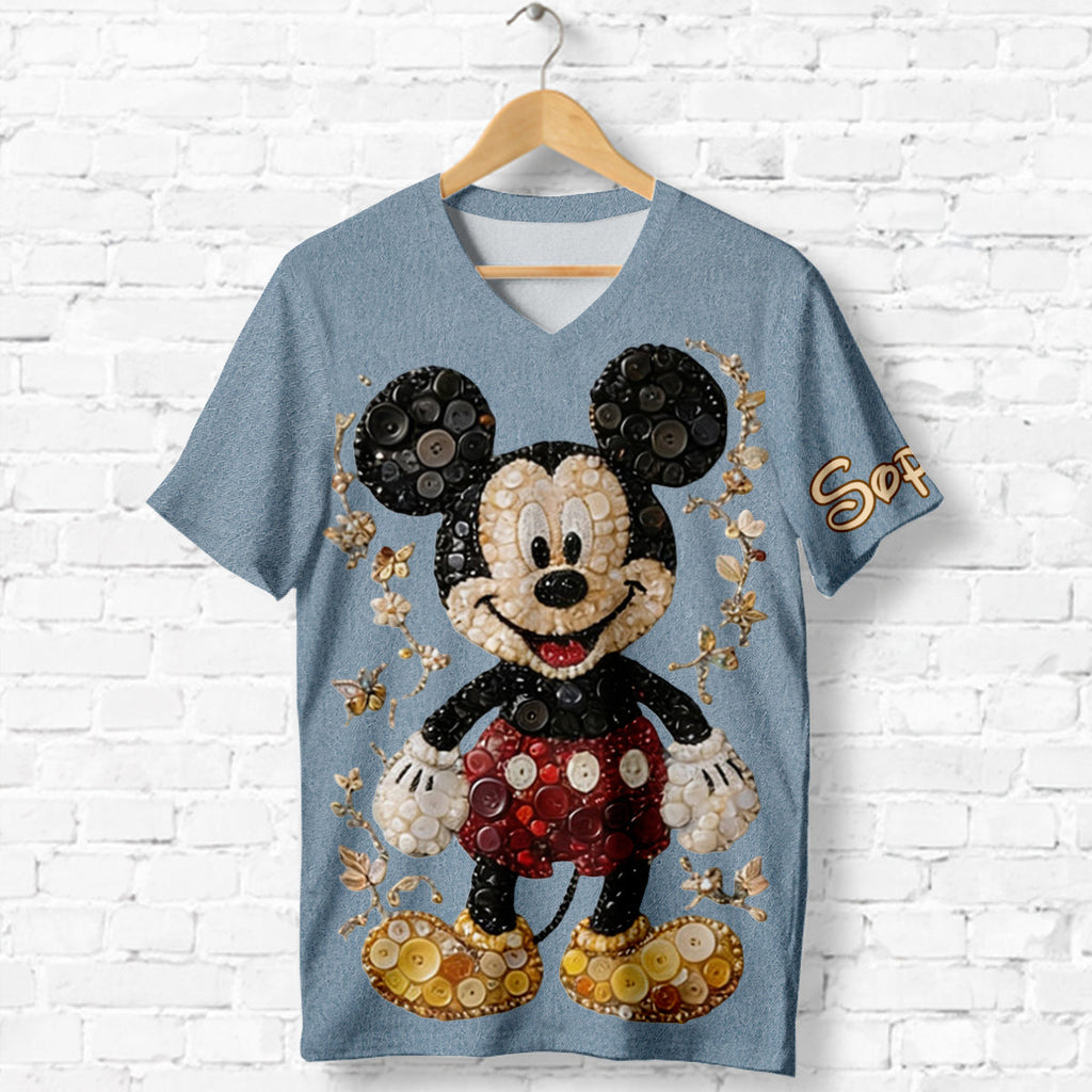 Personalized 3D Button Mouse Art V-Neck T-Shirt for Women Fully Printed V-Neck T-Shirt GradoCreations