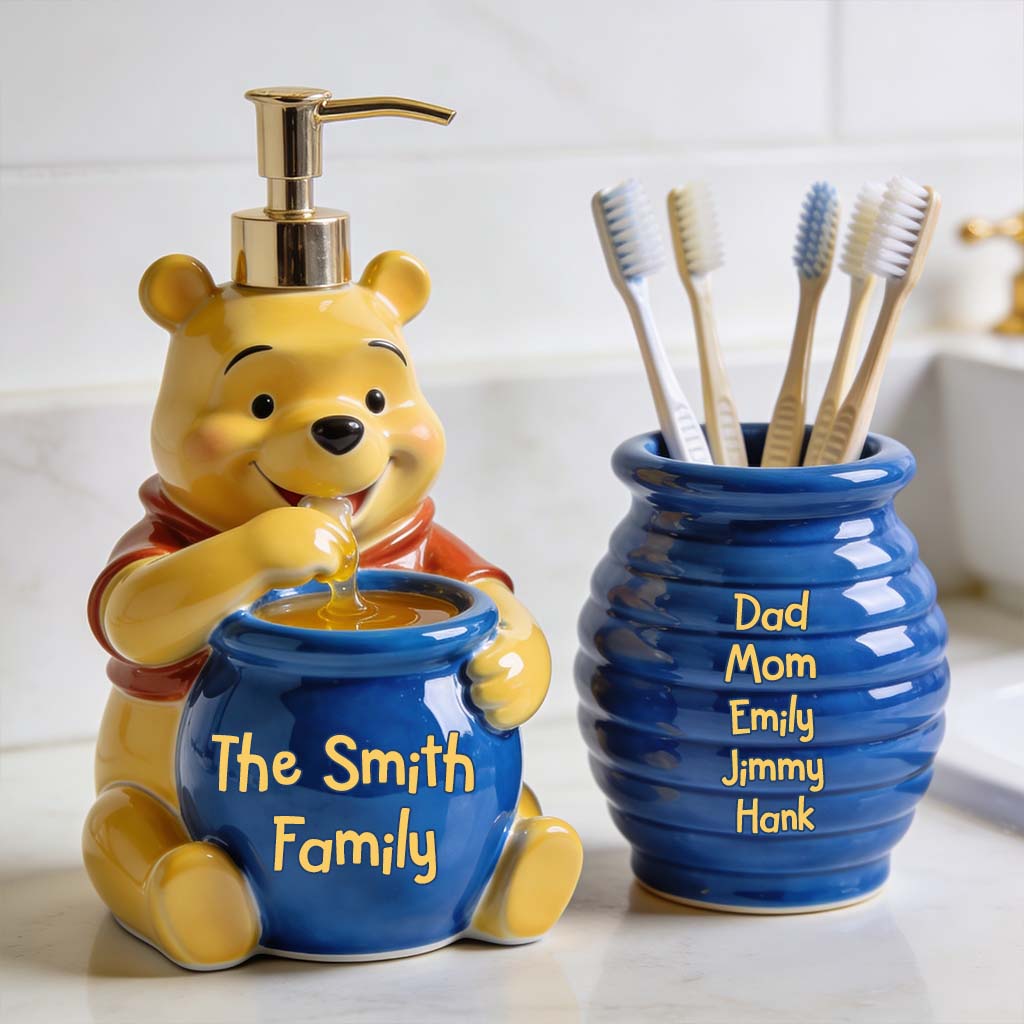 Personalized Honey Bear Soap Dispenser & Toothbrush Holder Gift Set Acrylic Pot & Pump Dispenser GradoCreations