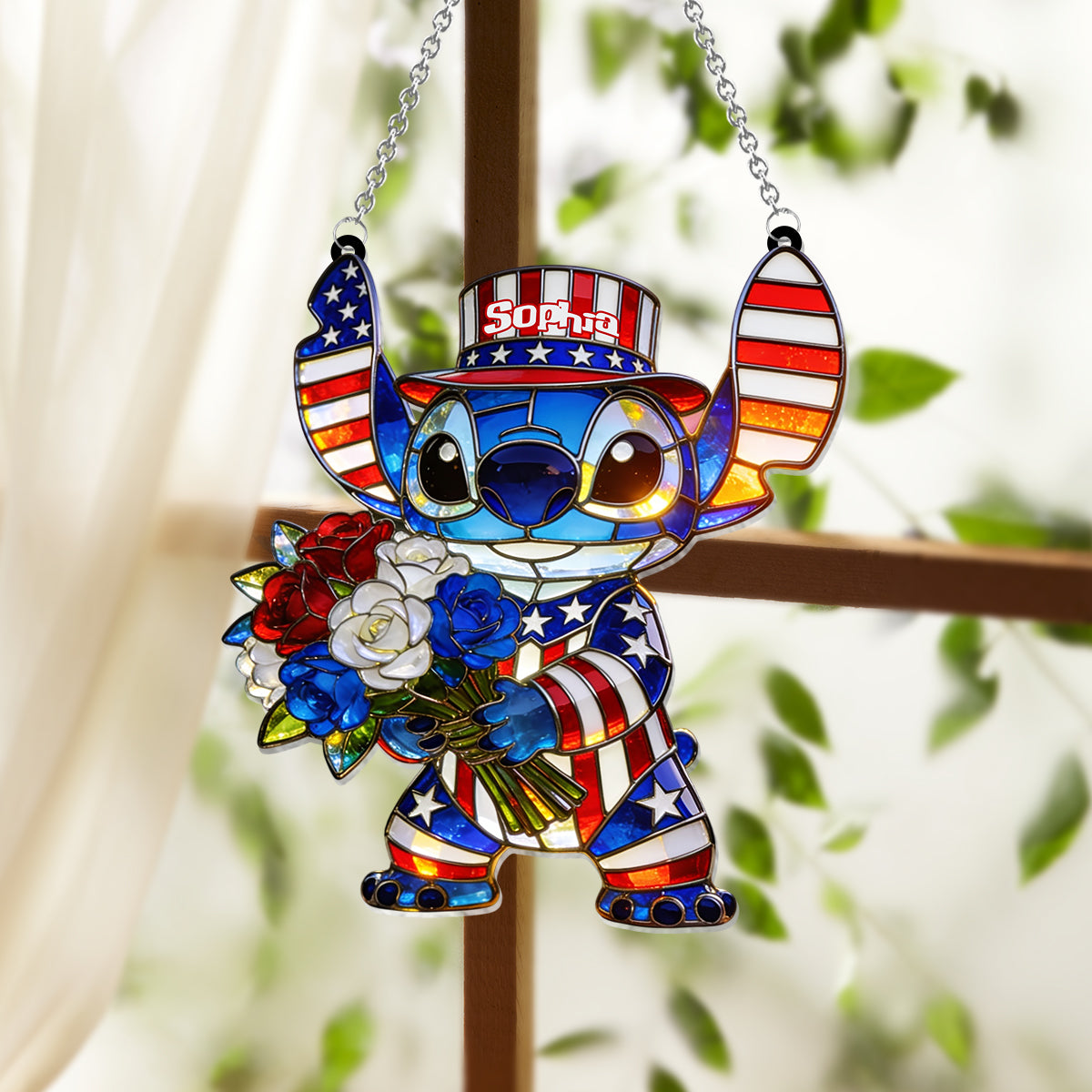 Personalized American Patriotic Alien Suncatcher Ornament Gift Window Hanging Suncatcher Ornament GradoCreations