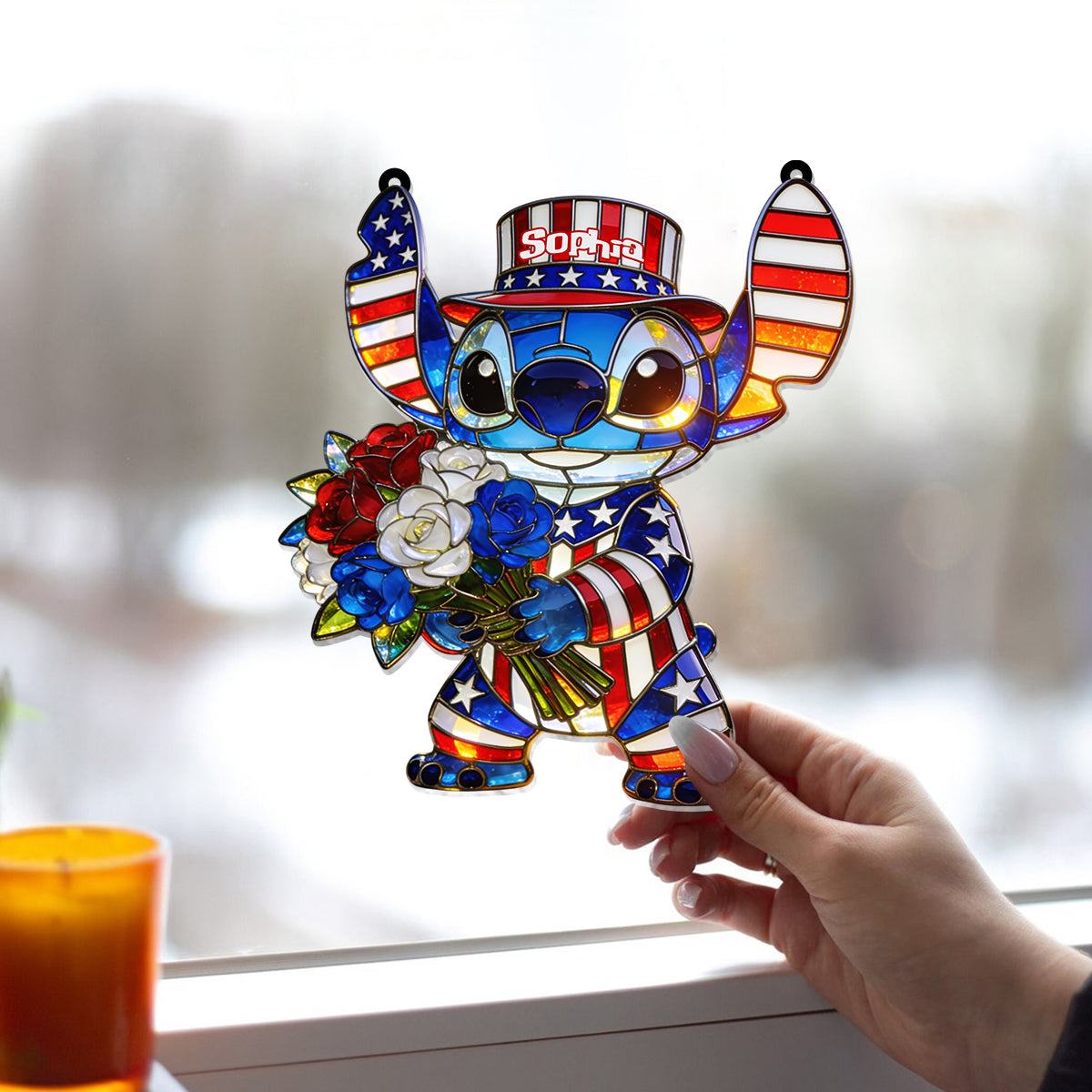 Personalized American Patriotic Alien Suncatcher Ornament Gift Window Hanging Suncatcher Ornament GradoCreations