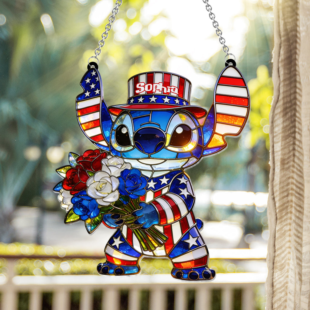 Personalized American Patriotic Alien Suncatcher Ornament Gift Window Hanging Suncatcher Ornament GradoCreations