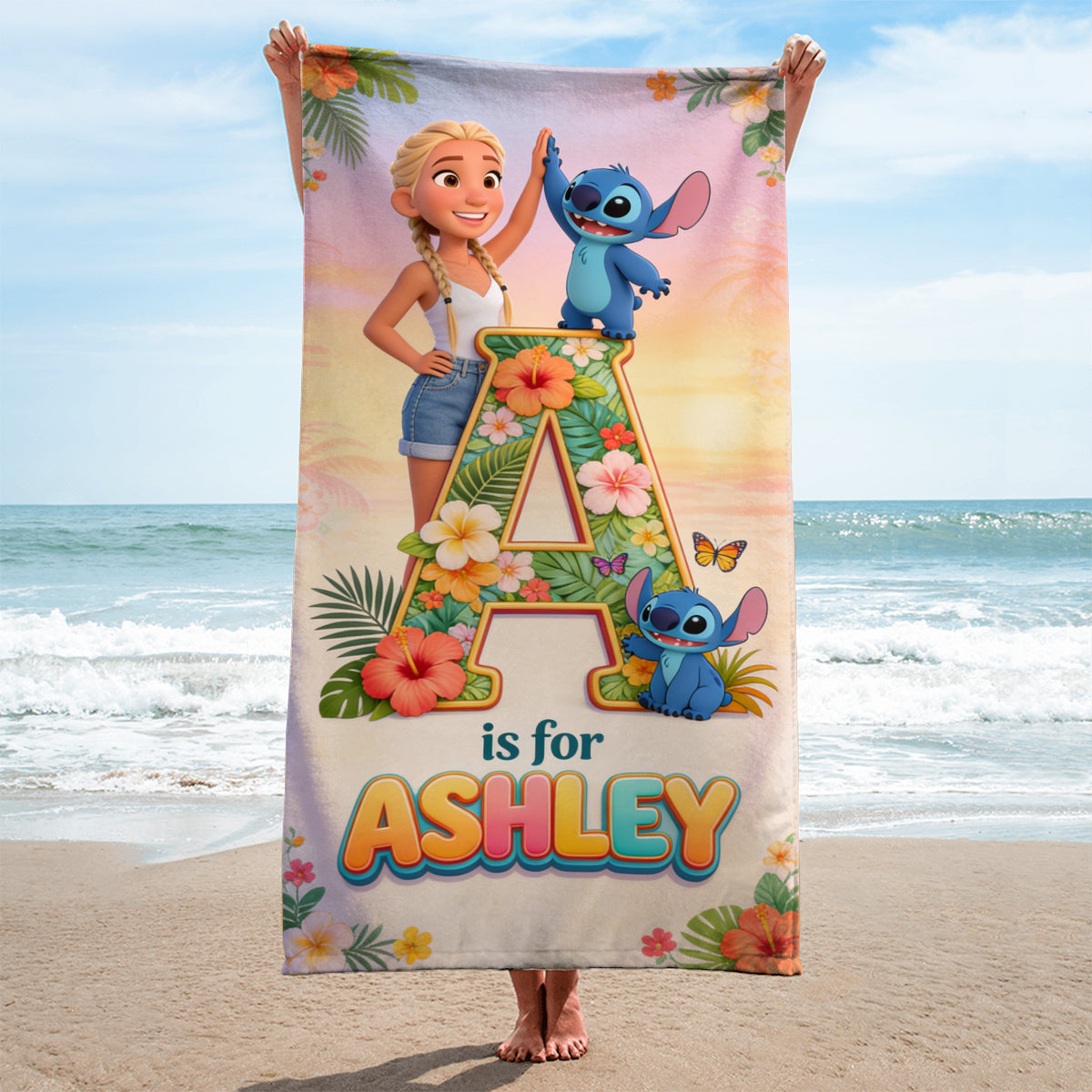 Personalized Beach Towel with Cute Blue Alien Custom Photo Gift for Movie Fans