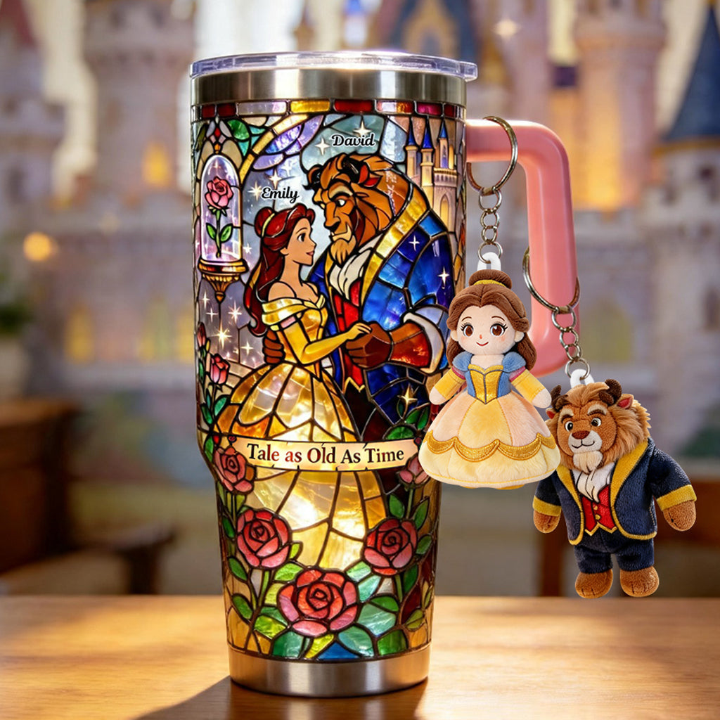 Personalized Beauty And The Beast Tumbler with Plush Charm Gift for Couples Tumbler With Plush Charm GradoCreations