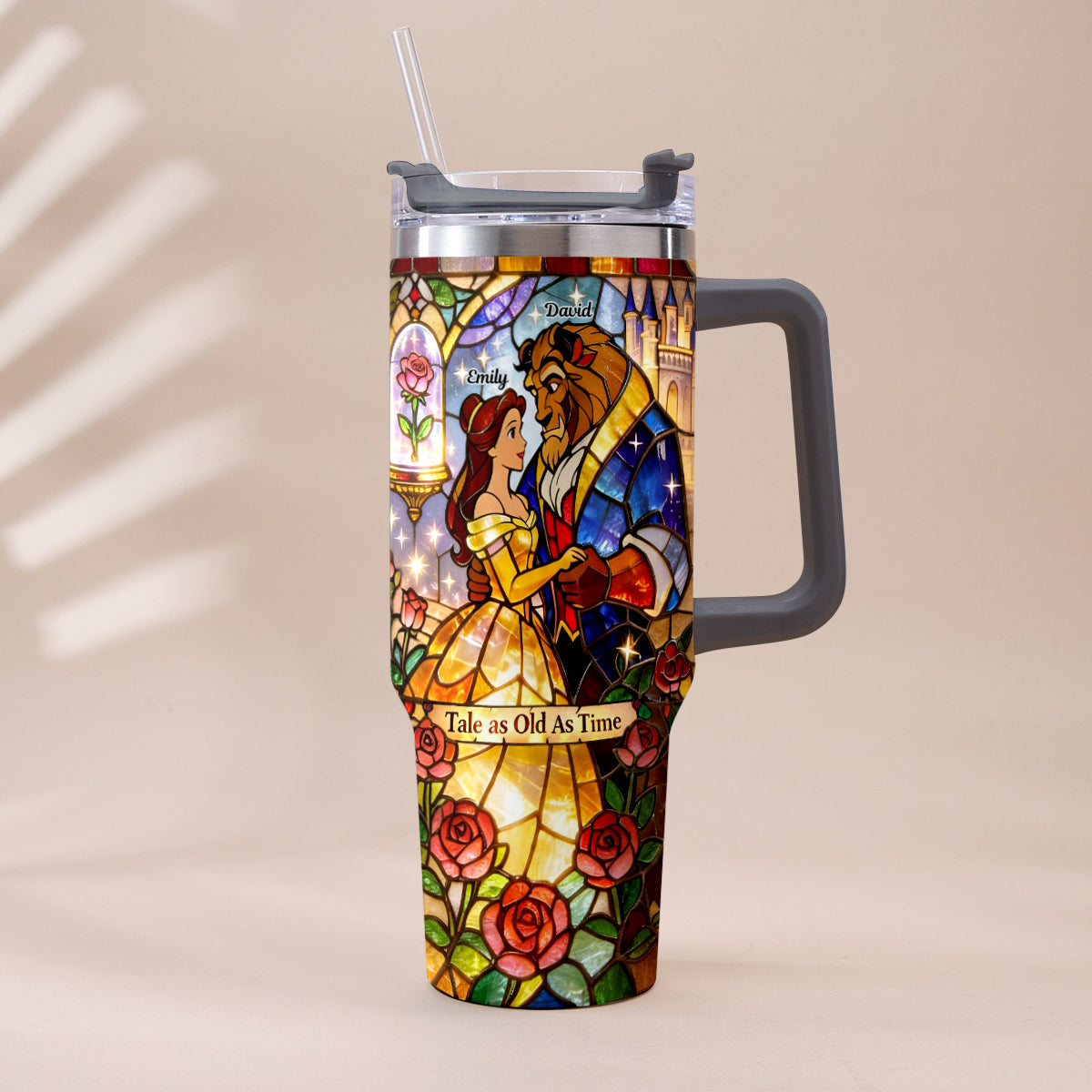 Personalized Beauty And The Beast Tumbler with Plush Charm Gift for Couples Tumbler With Plush Charm GradoCreations