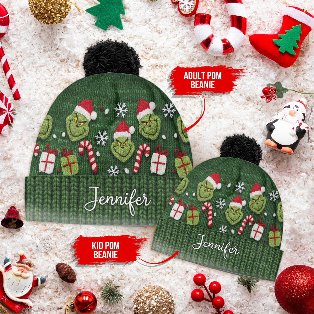 Personalized Green Grinch Beanie Hat Custom Name Gift for Christmas Beanie Hat GradoCreations