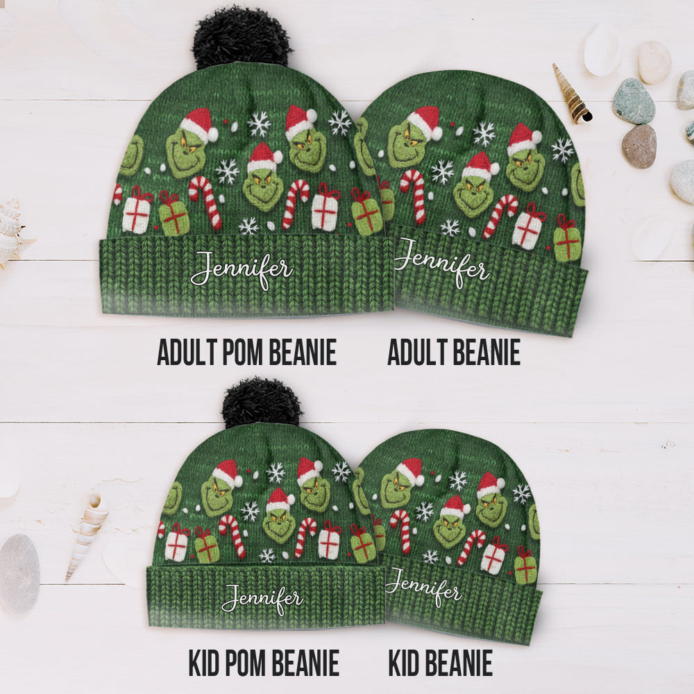 Personalized Green Grinch Beanie Hat Custom Name Gift for Christmas Beanie Hat GradoCreations