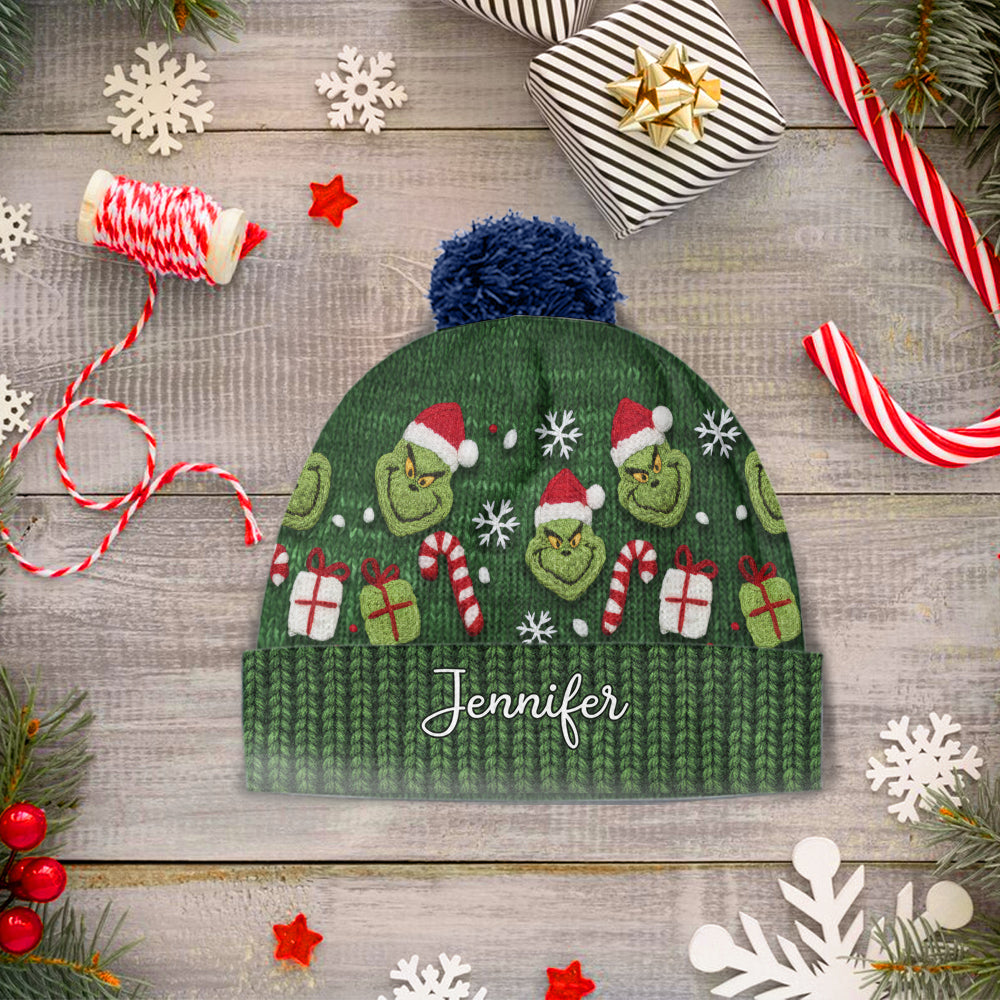Personalized Green Grinch Beanie Hat Custom Name Gift for Christmas Beanie Hat GradoCreations