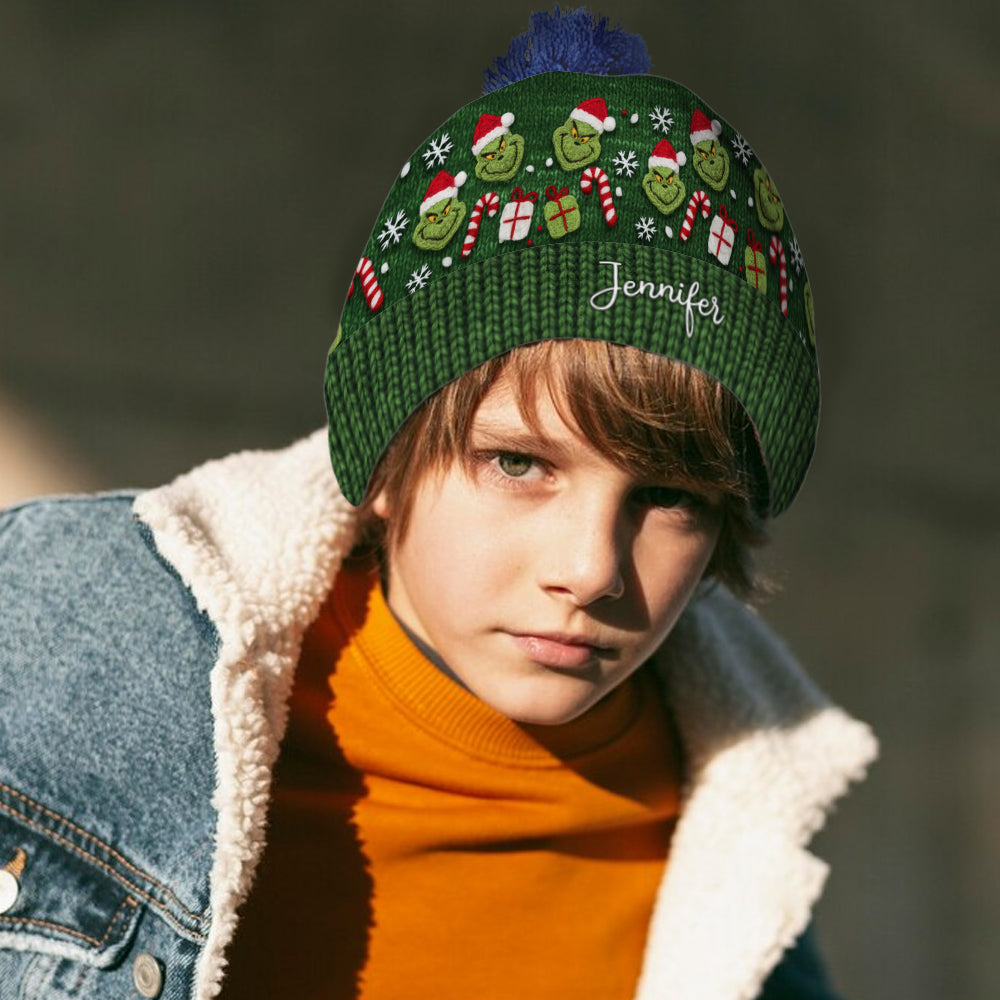 Personalized Green Grinch Beanie Hat Custom Name Gift for Christmas Beanie Hat GradoCreations