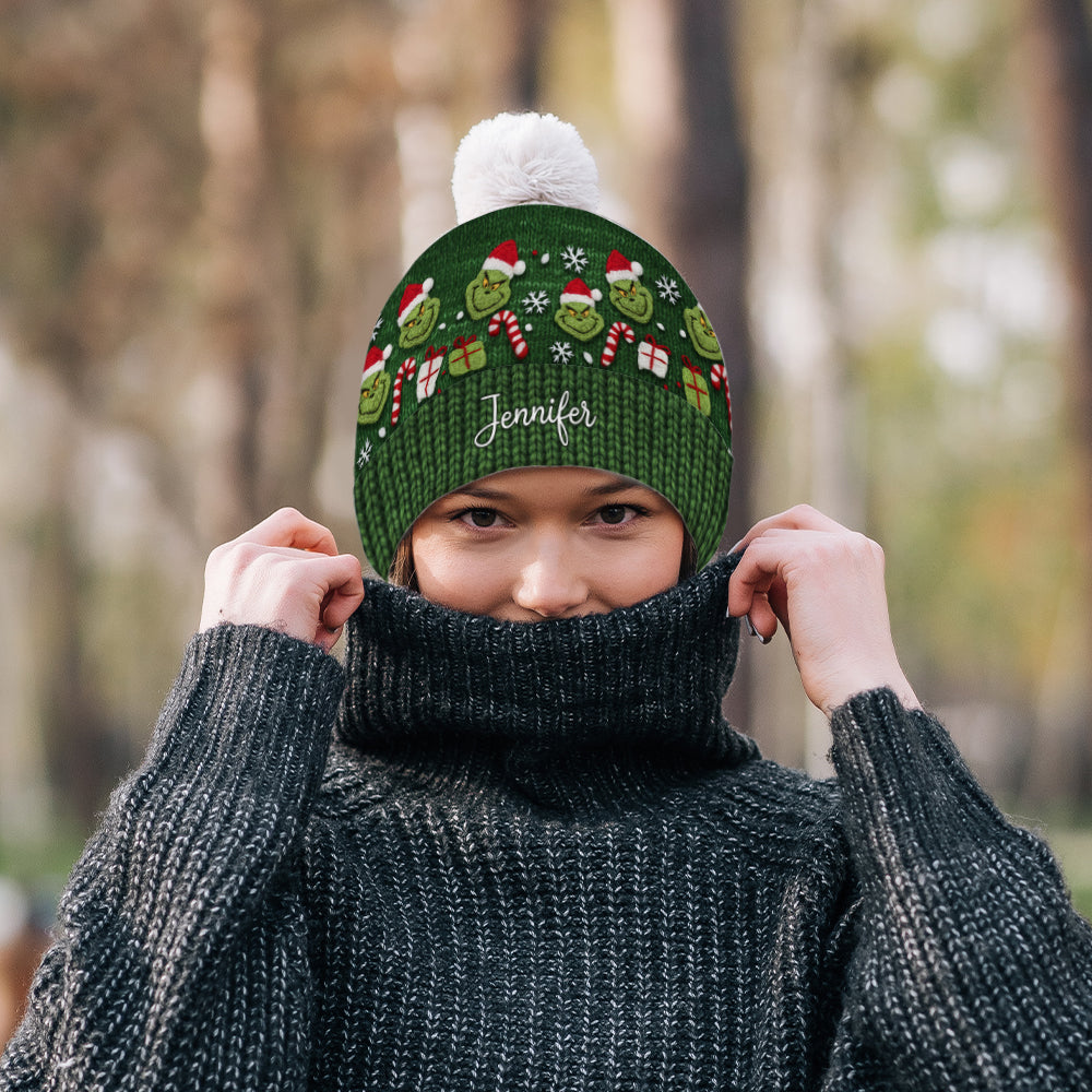 Personalized Green Grinch Beanie Hat Custom Name Gift for Christmas Beanie Hat GradoCreations