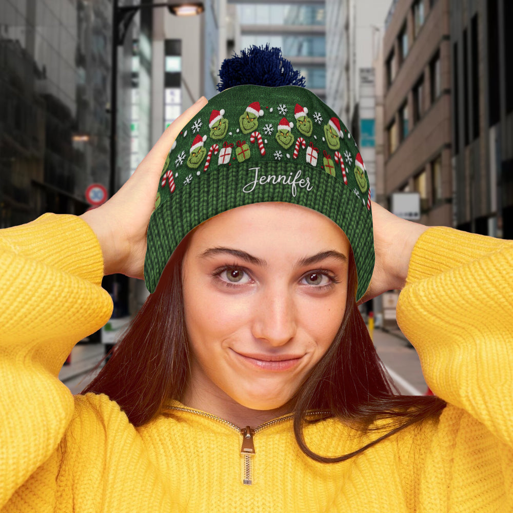 Personalized Green Grinch Beanie Hat Custom Name Gift for Christmas Beanie Hat GradoCreations