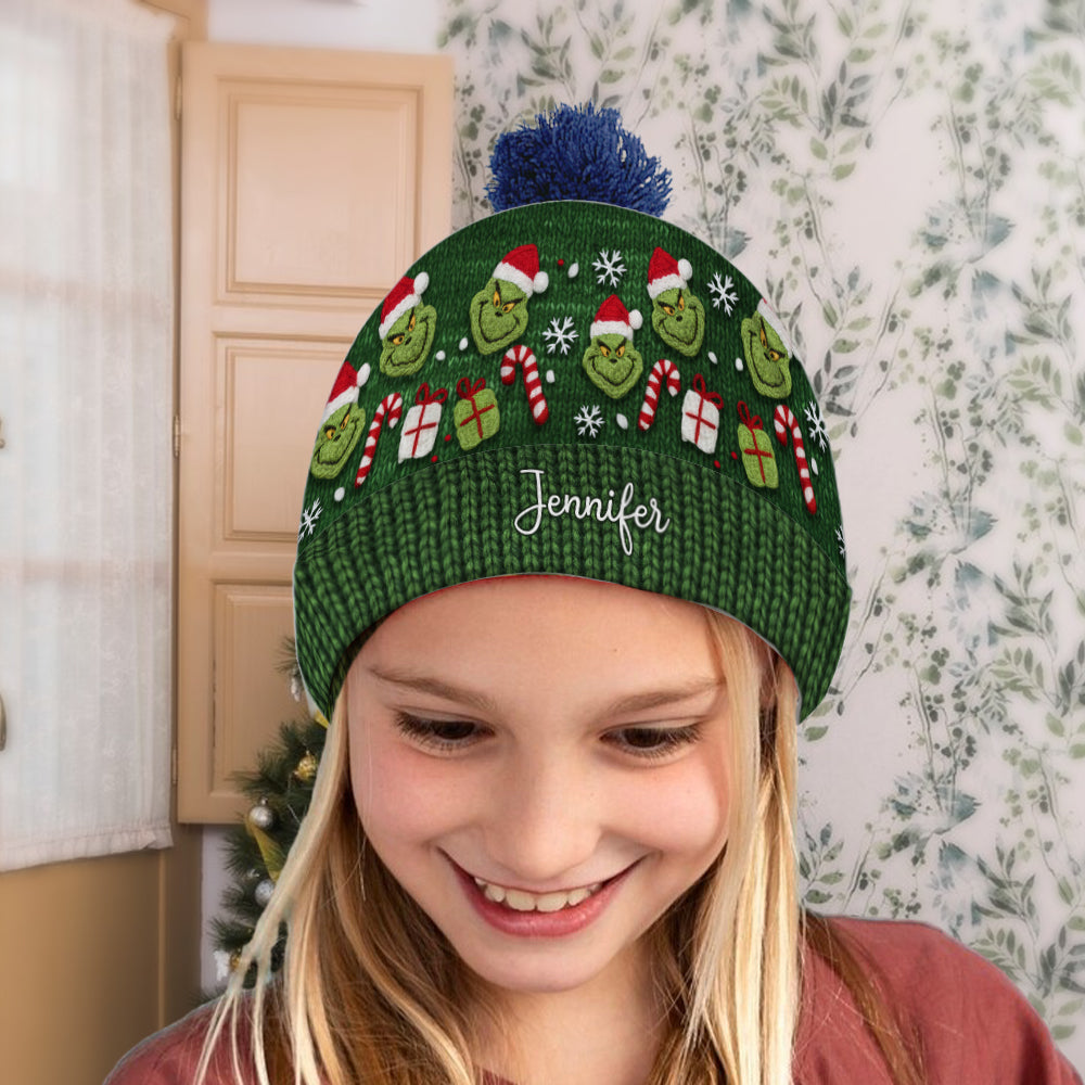 Personalized Green Grinch Beanie Hat Custom Name Gift for Christmas Beanie Hat GradoCreations