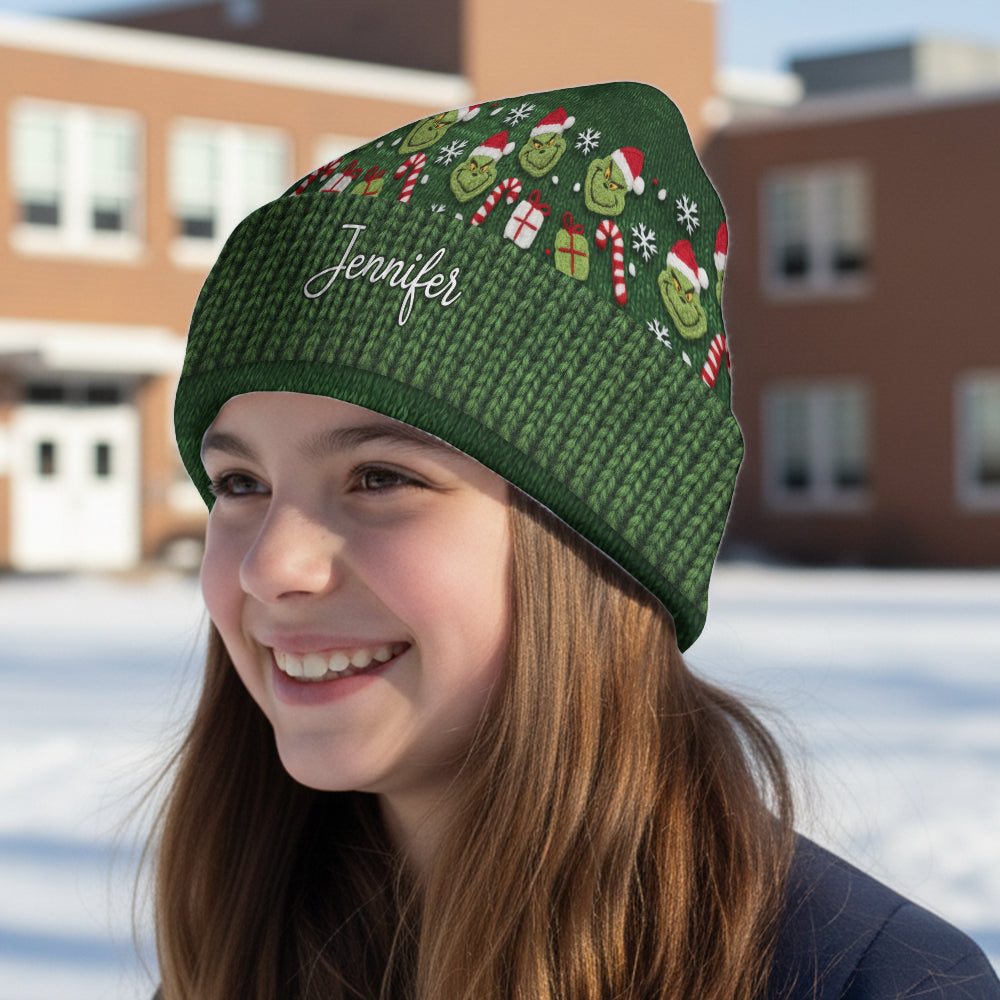 Personalized Green Grinch Beanie Hat Custom Name Gift for Christmas Beanie Hat GradoCreations