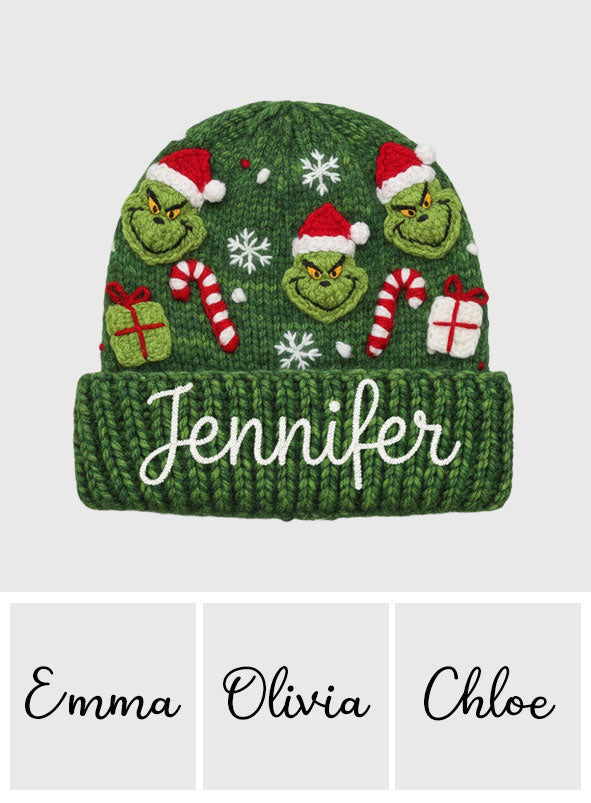 Personalized Green Grinch Beanie Hat Custom Name Gift for Christmas Beanie Hat GradoCreations