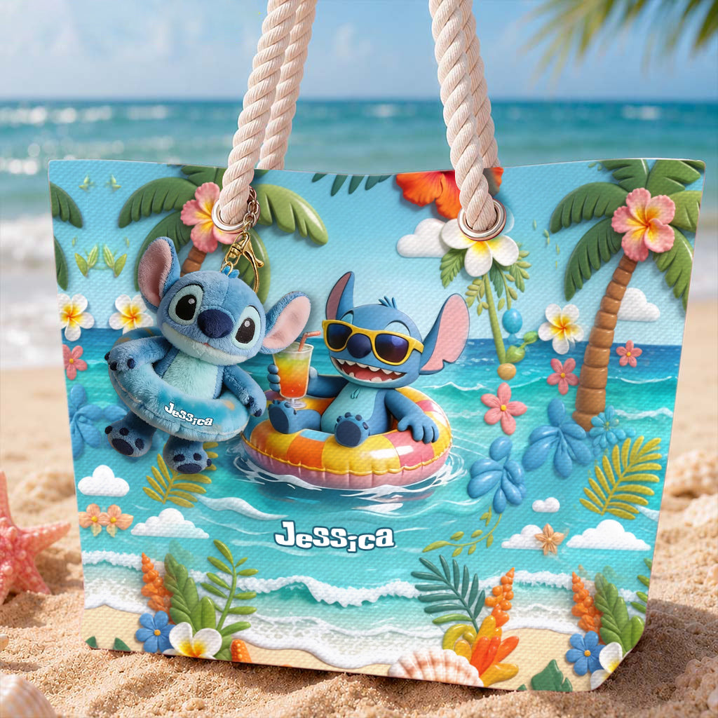 Personalized Beach Bag with Plush Keychain for Girls - Summer Vibes Beach Bag With Plush Charm GradoCreations