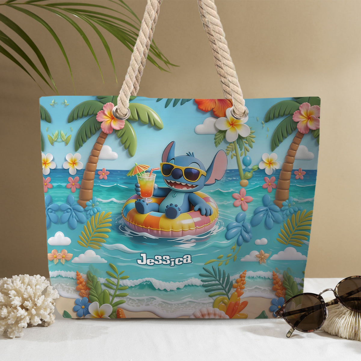 Personalized Beach Bag with Plush Keychain for Girls - Summer Vibes Beach Bag With Plush Charm GradoCreations