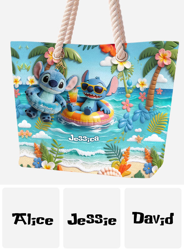 Personalized Beach Bag with Plush Keychain for Girls - Summer Vibes Beach Bag With Plush Charm GradoCreations