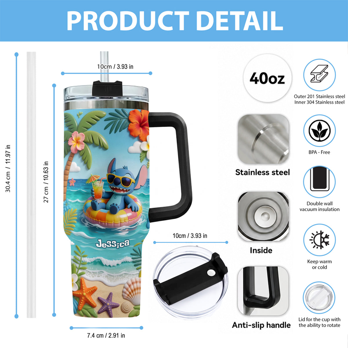 Personalized Ohana Tumbler with Plush Charm for Summer | Custom Name Gift Tumbler With Plush Charm GradoCreations