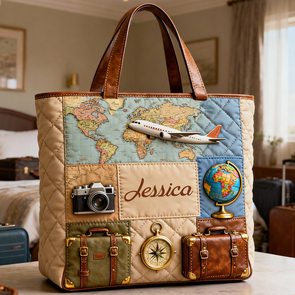 Personalized Quilted Tote Bag Travel Map and Airplane Gift for Travelers
