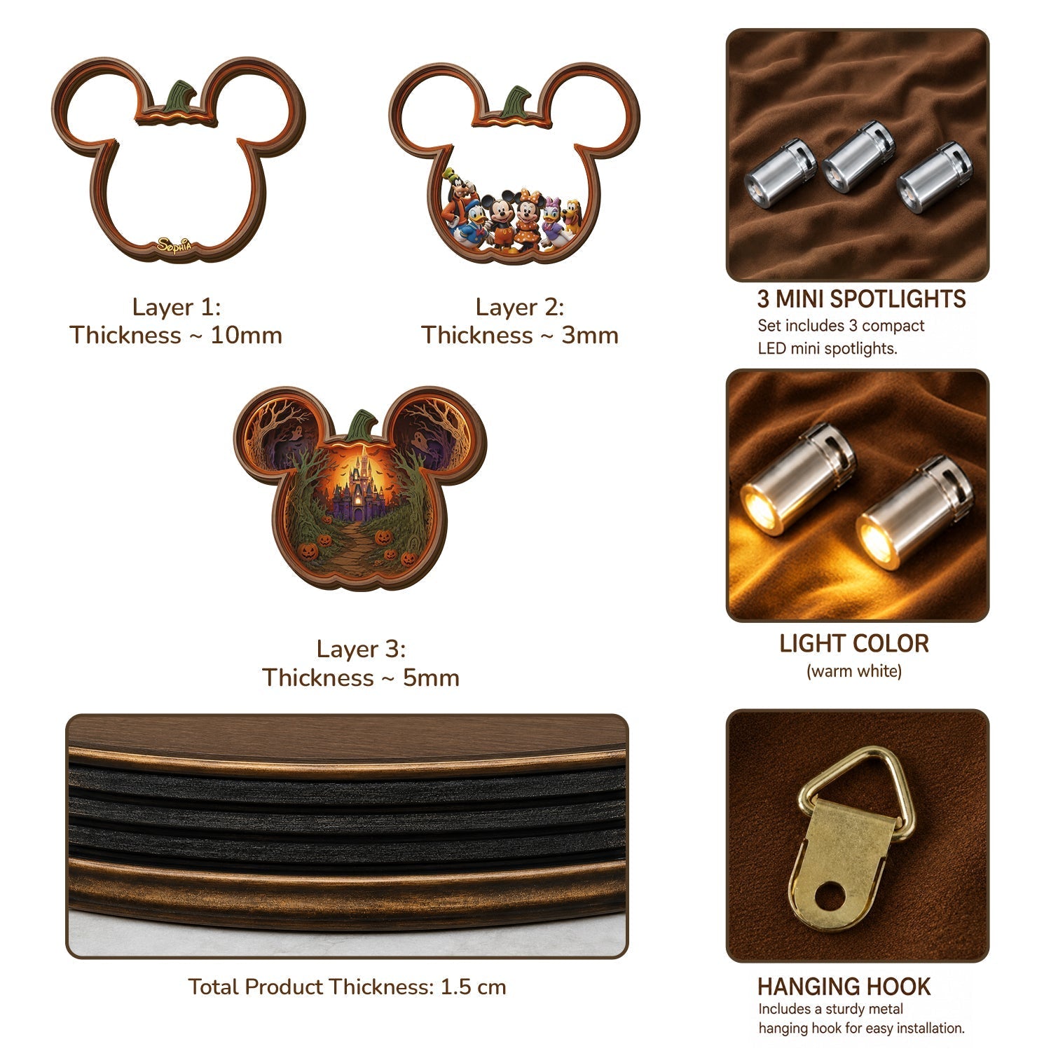 Personalized Mickey Mouse Wooden Light Shadow Box for Halloween Wooden Light Shadow Box GradoCreations