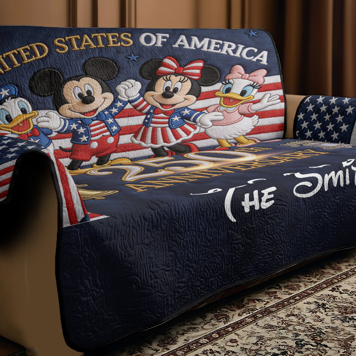 Personalized Quilted Sofa Cover 250th Anniversary USA Gift for Family Quited Sofa Cover GradoCreations