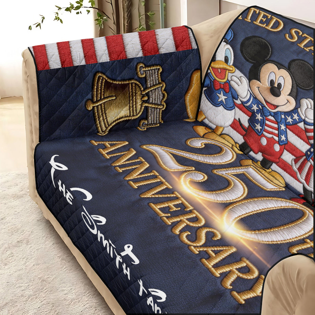 Personalized Quilted Sofa Cover 250th Anniversary USA Gift for Family Quited Sofa Cover GradoCreations