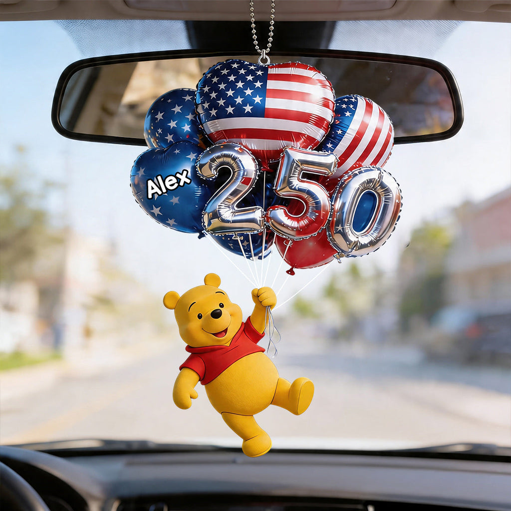 Personalized Yellow Bear Car Ornament with Balloons for Kids Car Ornament GradoCreations