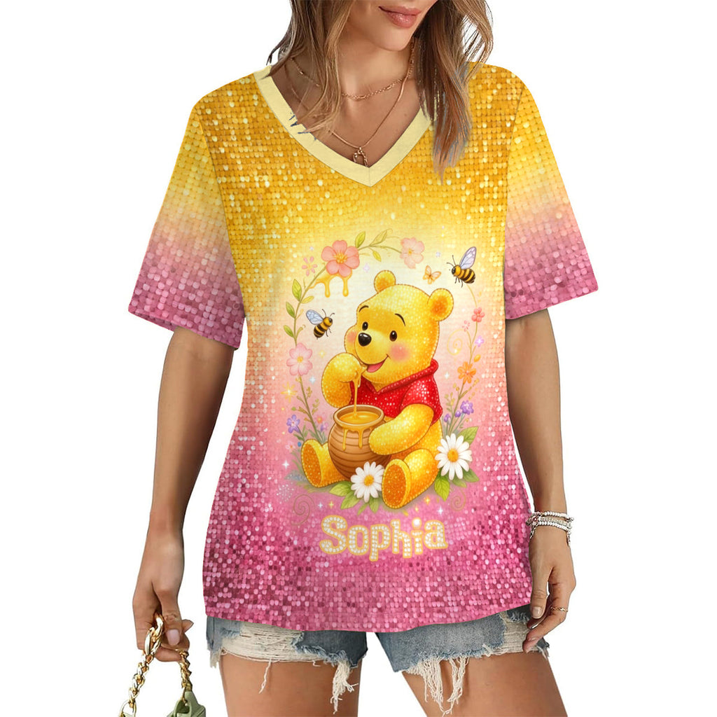 Personalized Honey Bear V-Neck T-Shirt Custom Name Gift Fully Printed V-Neck T-Shirt GradoCreations