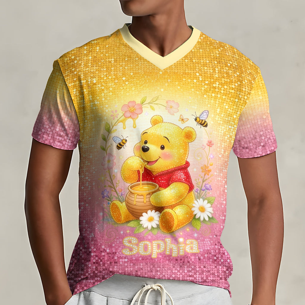 Personalized Honey Bear V-Neck T-Shirt Custom Name Gift Fully Printed V-Neck T-Shirt GradoCreations