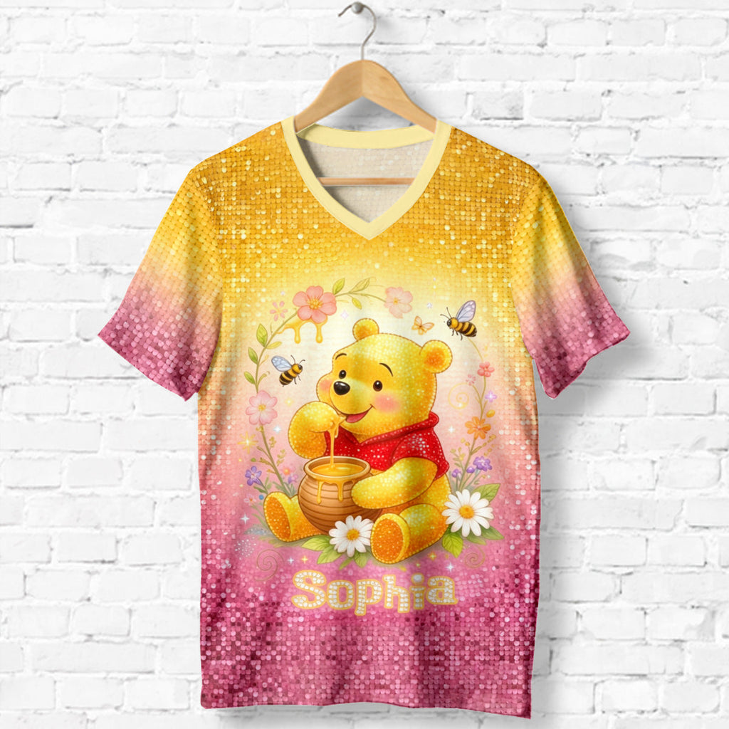 Personalized Honey Bear V-Neck T-Shirt Custom Name Gift Fully Printed V-Neck T-Shirt GradoCreations