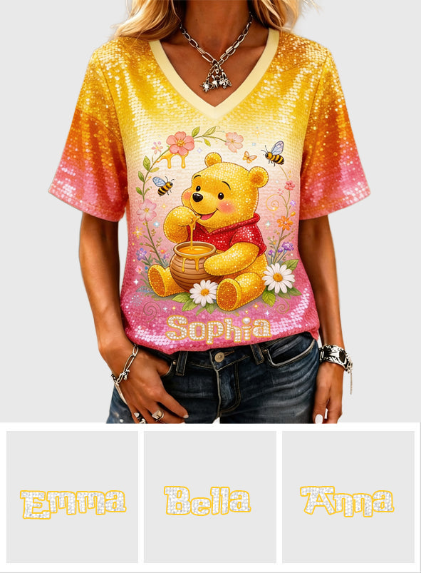 Personalized Honey Bear V-Neck T-Shirt Custom Name Gift Fully Printed V-Neck T-Shirt GradoCreations