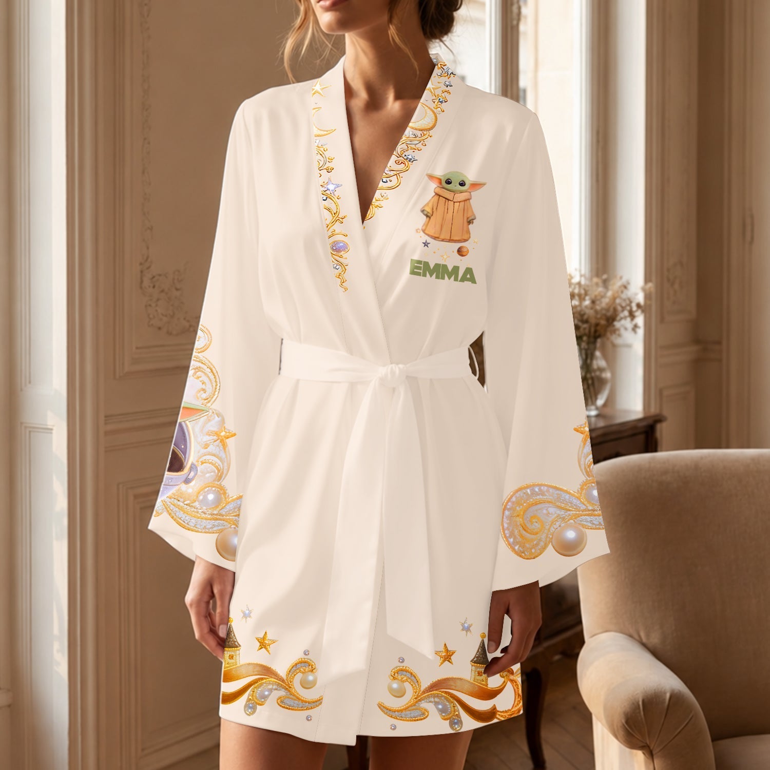 Personalized Satin Robe with Baby Yoda Design for Women & Men Satin Robe GradoCreations