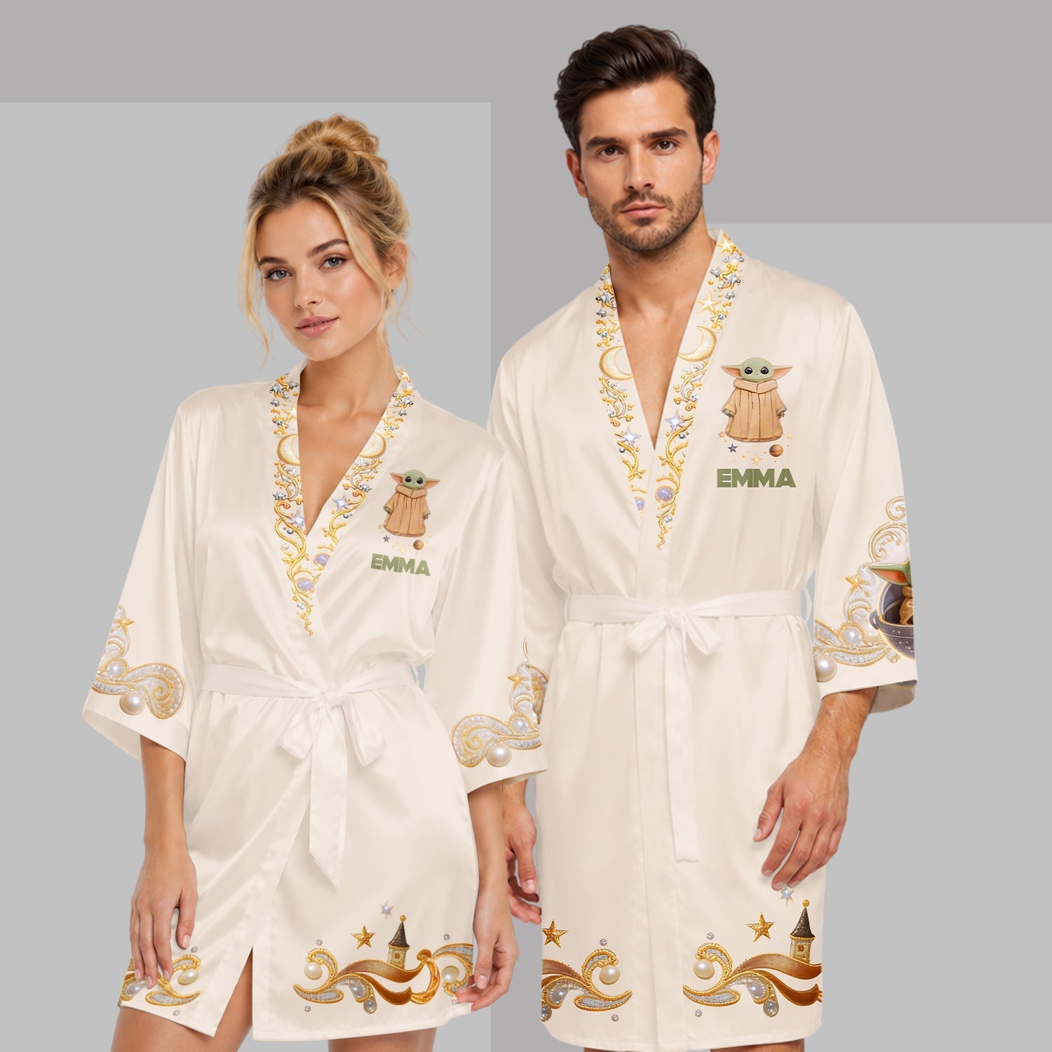 Personalized Satin Robe with Baby Yoda Design for Women & Men Satin Robe GradoCreations