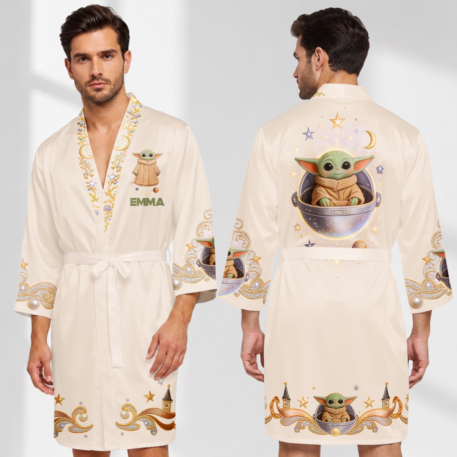 Personalized Satin Robe with Baby Yoda Design for Women & Men Satin Robe GradoCreations
