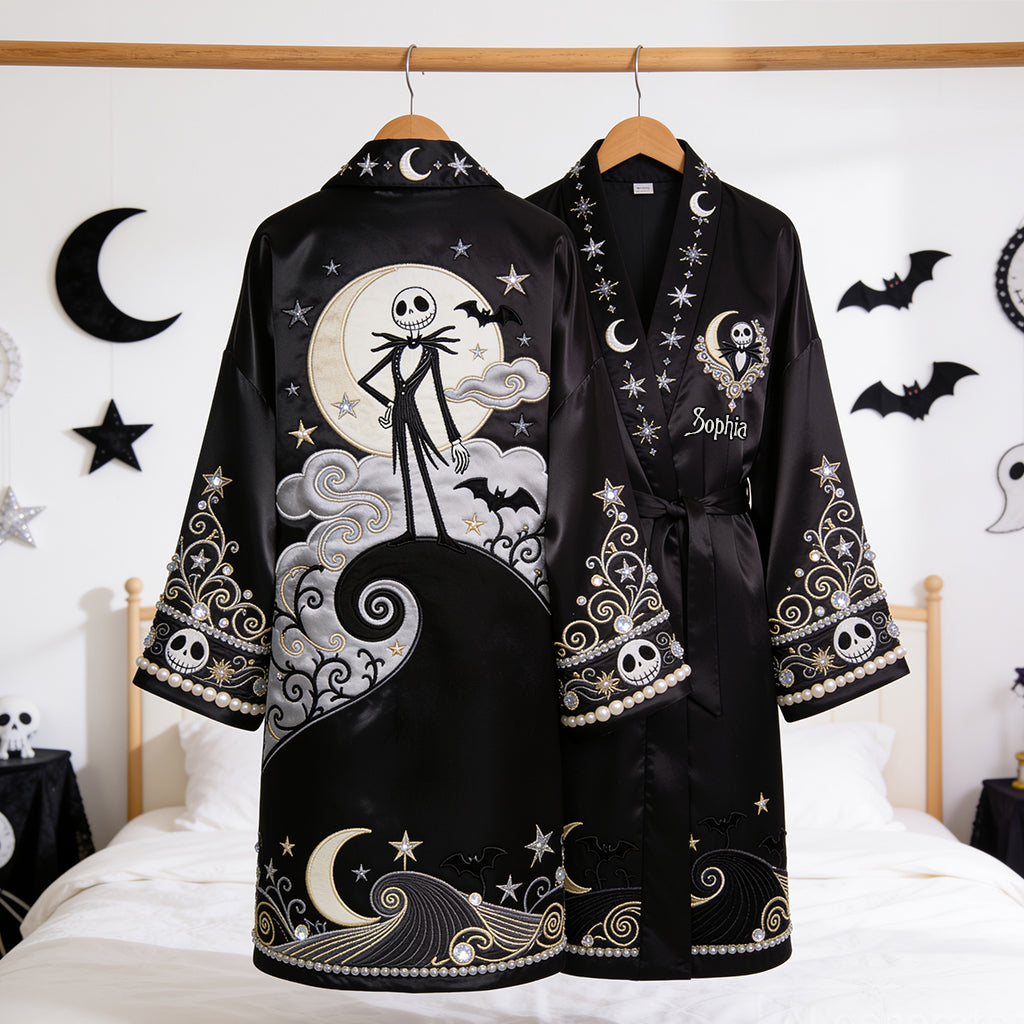 Personalized Satin Robe with 3D Nightmare Design for Couples Satin Robe GradoCreations