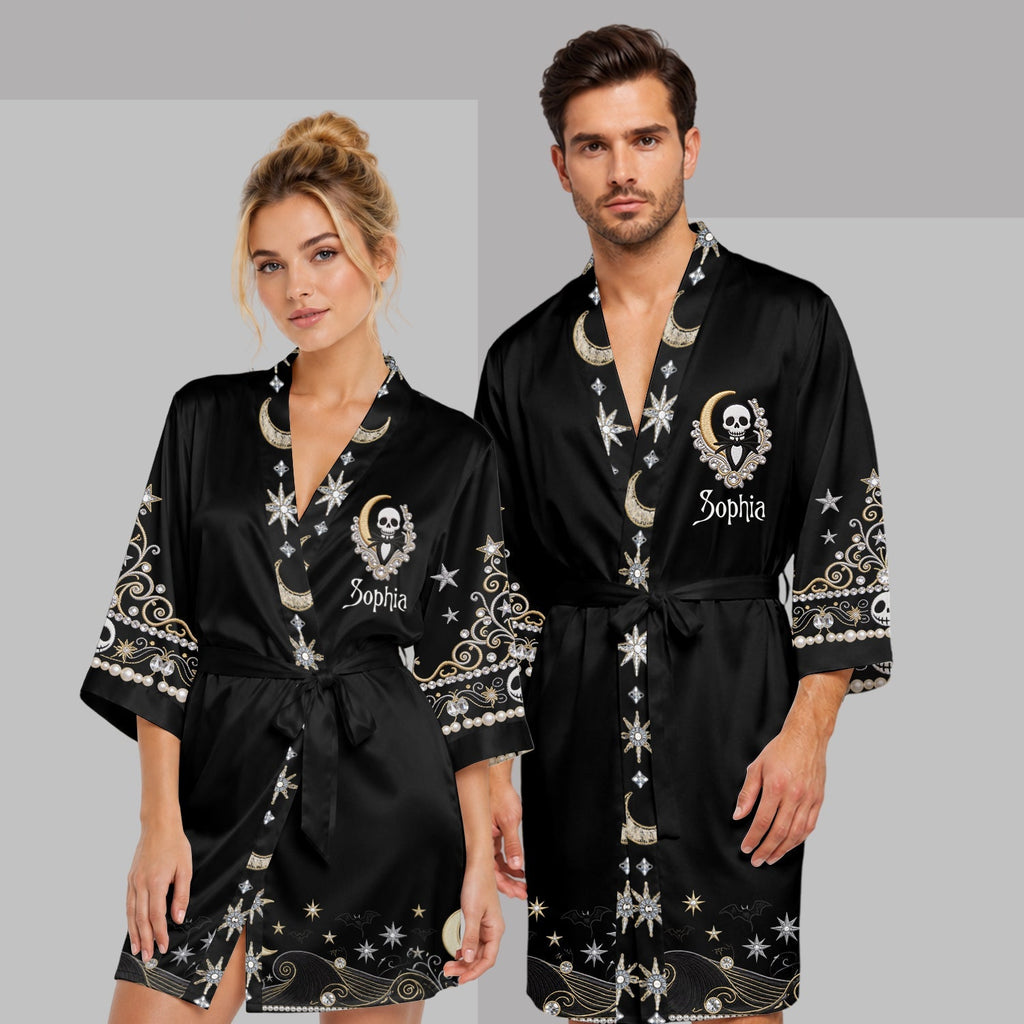 Personalized Satin Robe with 3D Nightmare Design for Couples Satin Robe GradoCreations